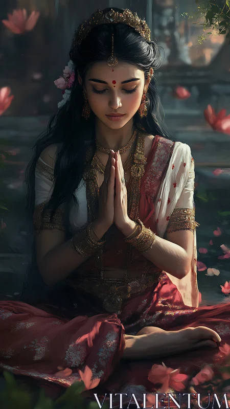 Lotus-borne meditator in crimson silk and temple dusk.