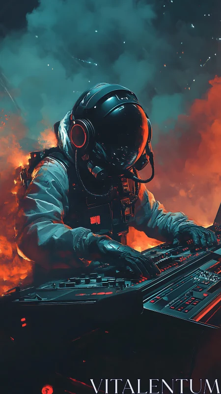 Cyberpunk astronaut DJ at neon control deck in flames.