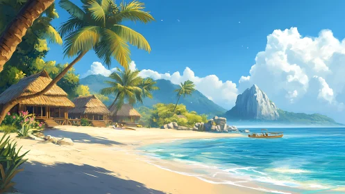 Tropical Beach Village with Mountain Backdrop and Palm Trees