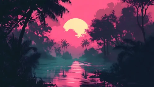 Bold neon sunset over tropical river and dense jungle silhouettes.