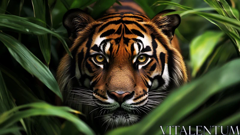 Photorealistic tiger portrait framed by dense jungle foliage.