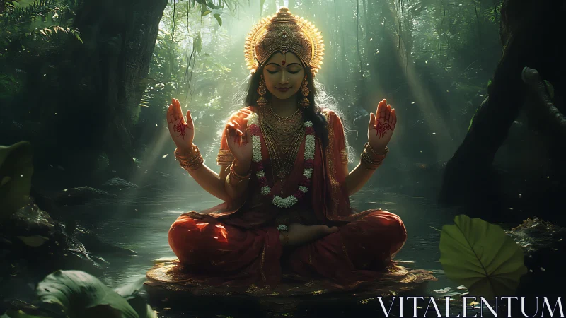 Divine goddess meditation in luminous jungle sanctuary.