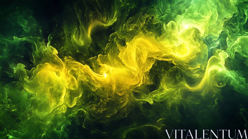 Solar storm waltz in swirling emerald and neon gold clouds.