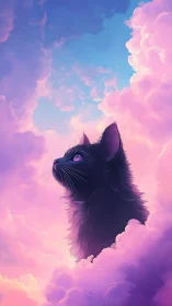 Black cat gazing upward through pink clouds.