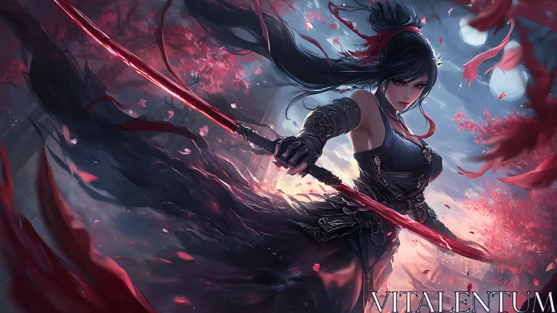 Swordmistress under crimson blossoms in moonlit duel.