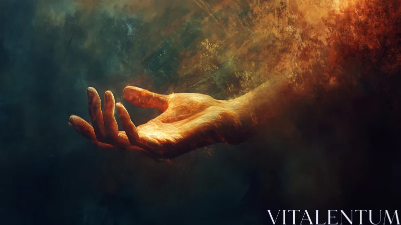 Outstretched luminous hand emerging from abstract darkness.