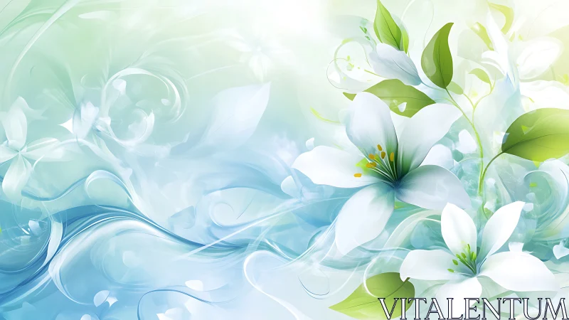 Ethereal White Lilies Float Through Flowing Blue-Green Waves