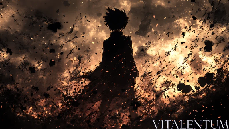 Silhouette in ember skies walking through swirling ash dreams.