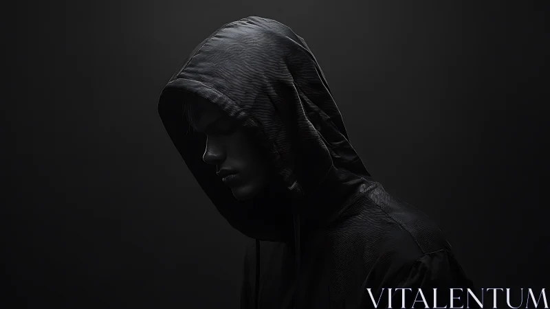 Solitary hooded figure in dark, moody side profile portrait.