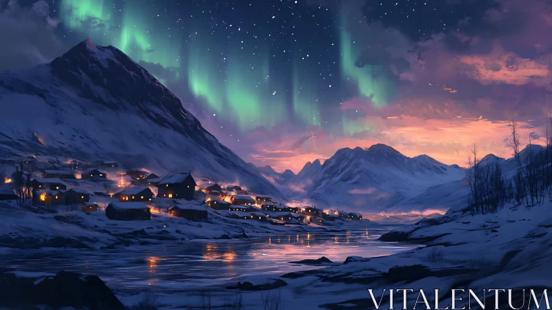 Snowy village beneath aurora over frozen river at dusk
