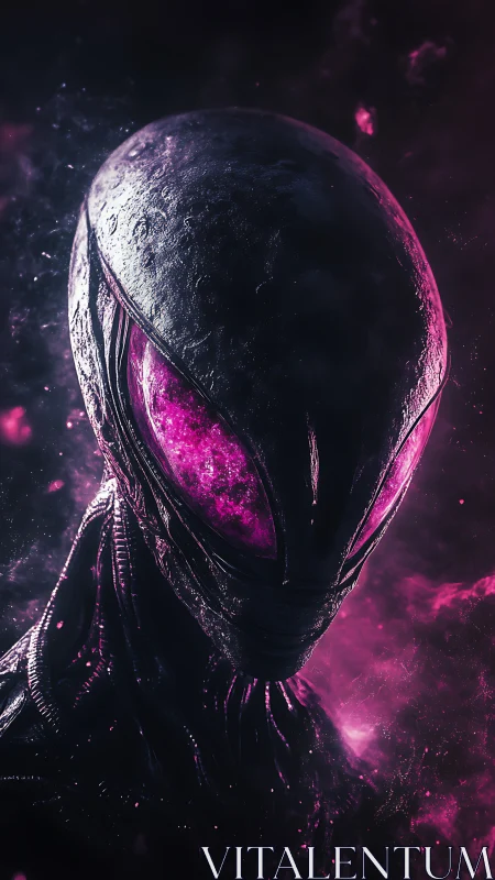 Strange cosmic alien gazes out through glowing violet eyes