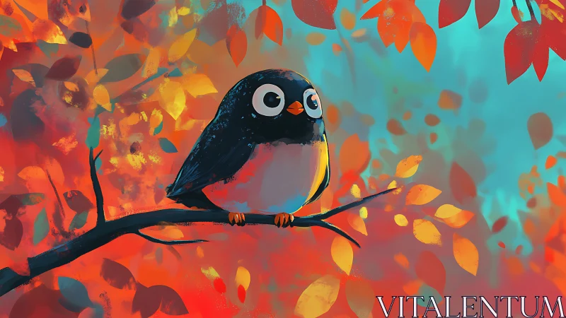 Cute Cartoon Bird on Branch Amid Colorful Autumn Leaves Painting.