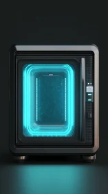 Futuristic cyan-lit containment unit with glossy black chassis.