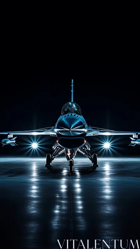 Single jet aircraft stands centered on illuminated runway