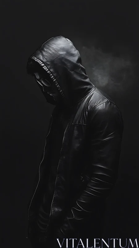 Hooded shadow exhales quiet smoke in slick black leather night