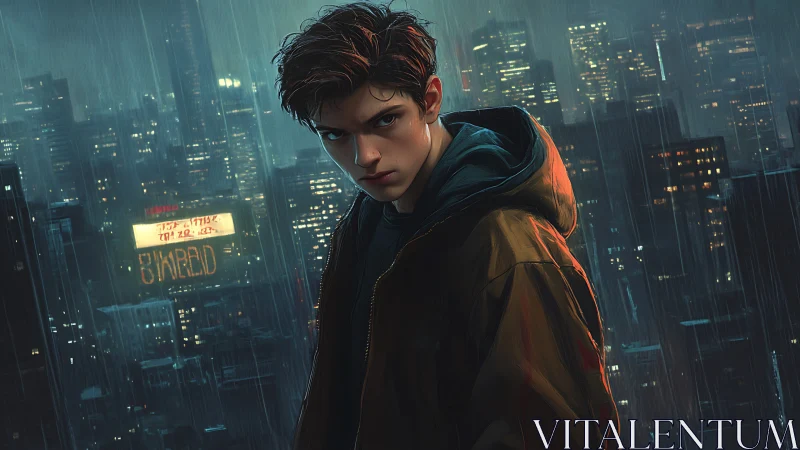 Brooding cyber-noir youth dominates rain-soaked night skyline