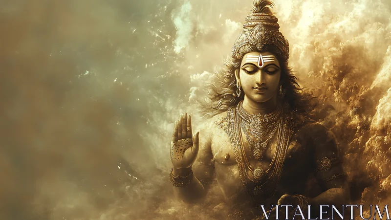 Divine golden deity in clouds with raised blessing hand.