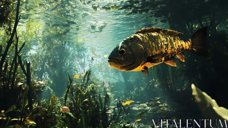 Sunlit freshwater fish glides through dense aquatic vegetation