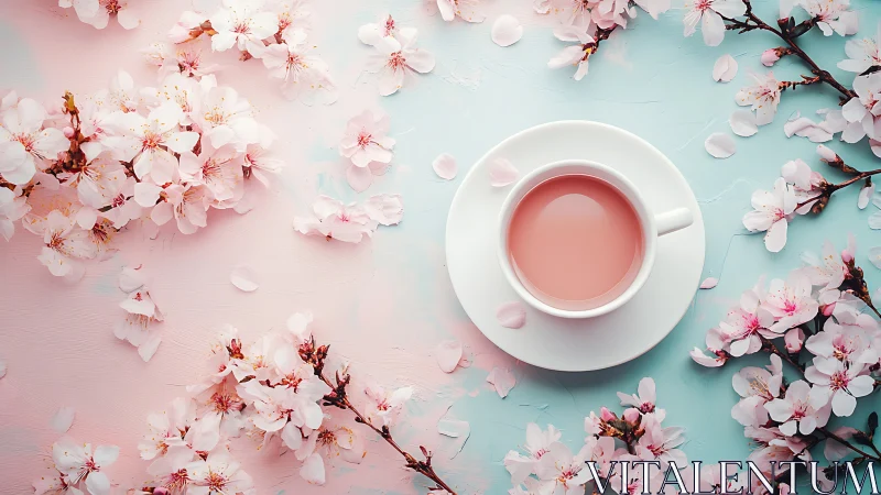 Pink tea surrounded by cherry blossoms. Serene spring composition.