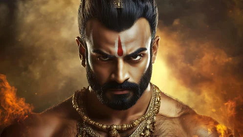 Mythic warrior portrait with fire and ornate gold jewelry.