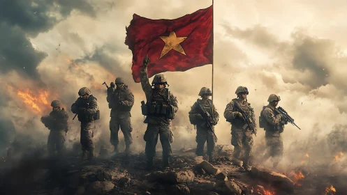 Soldiers stand on smoky battlefield beneath large red flag