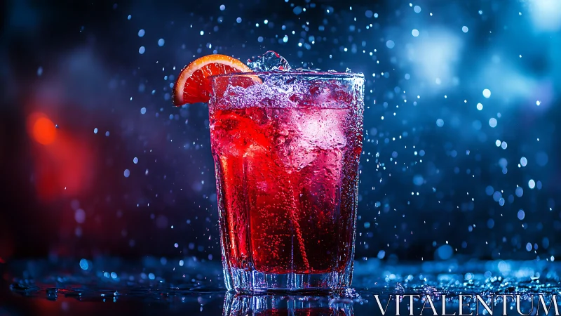 Carbonated red beverage with citrus garnish against bokeh background.