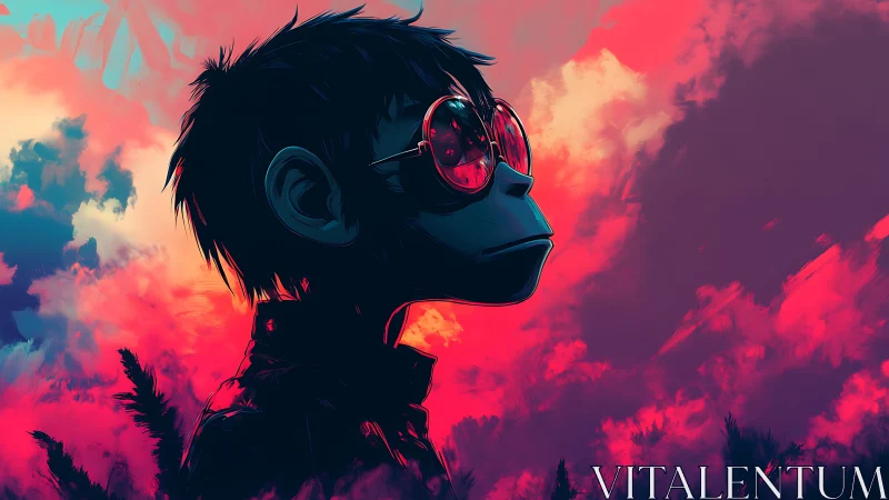 Simian silhouette with neon sky and reflective red lenses.