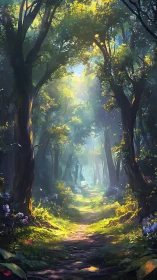Sunlit Forest Path Through Ancient Trees