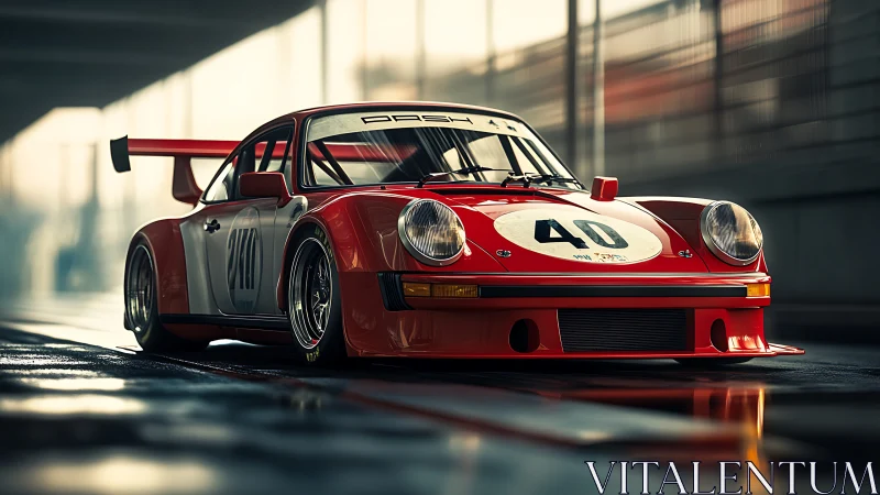 Scarlet track rocket waits, simmering under soft pit-lane light