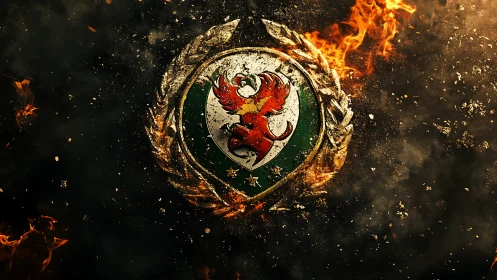 Fiery phoenix crest burns within ornate golden laurel frame