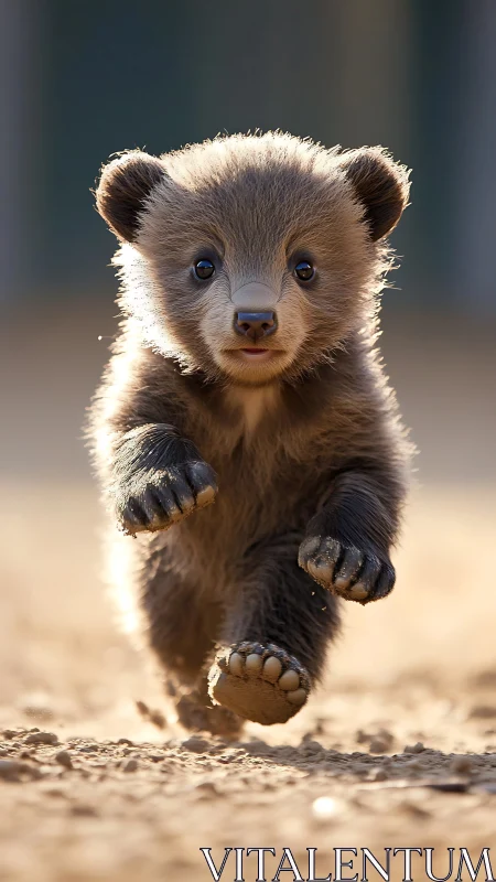 Playful baby bear dashing forward with pure happy energy.