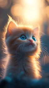 White Kitten with Luminous Blue Eyes in Golden Light.