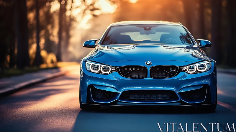 Blue BMW sports sedan stands centered on forest road at dusk