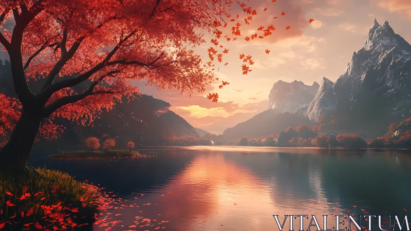 Crimson lakeside maple under cinematic sunset reflections.