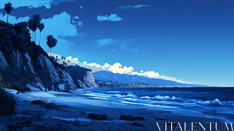 Moonlit Pacific waves whisper beneath cliffside palms tonight