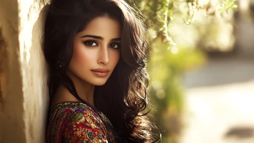 Woman in embroidered garment stands in sunlit outdoor scene