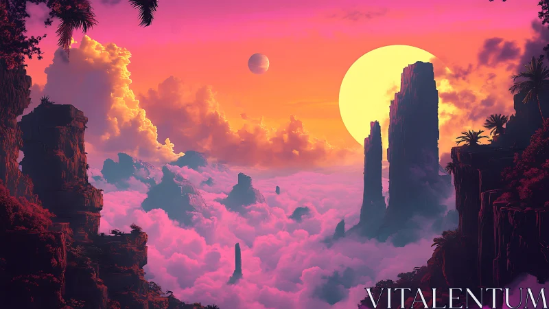 Vivid alien cliffs rising above dense pink cloud sea.