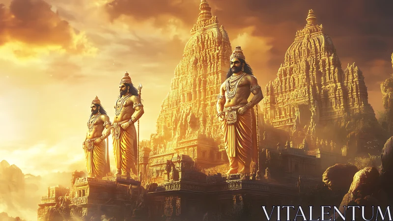 Colossal warrior statues guard golden temple citadels.