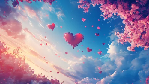 Sky composition with floating heart shapes and cloud formations.