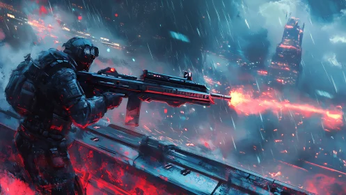 Cybernetic marksman firing railgun over neon rain-soaked megacity