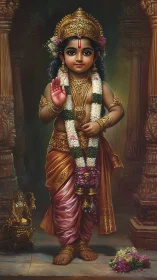 Radiant child deity in temple gold, wrapped in marigold grace.