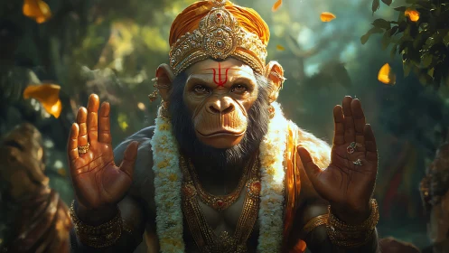 Monkey-headed deity figure raises both hands in blessing