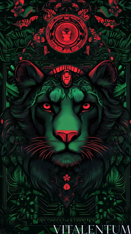 Neon jungle monarch lion crowned by cyber totem halo.
