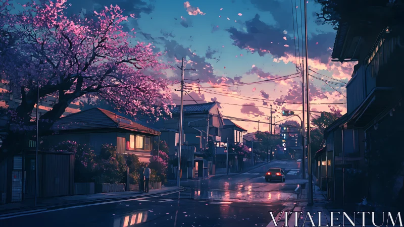 Twilight cherry blossoms over quiet rainy suburban street.