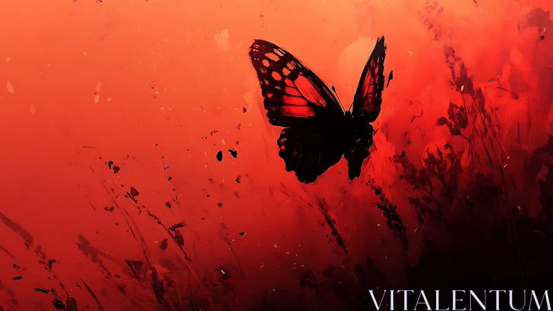 Silhouetted butterfly against textured red abstract field.