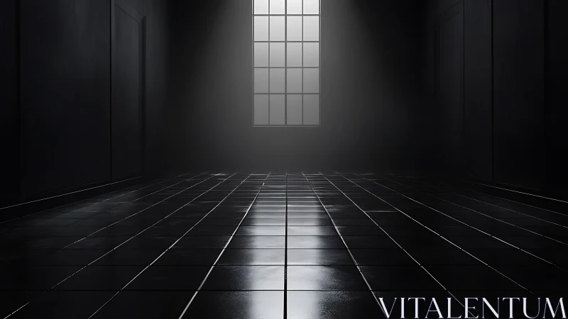 Dark tiled interior hallway with central window light.