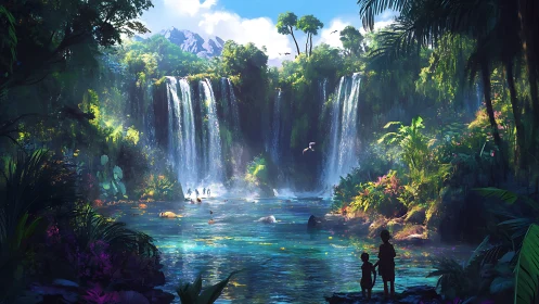 Luminous jungle waterfall lagoon with children on shore.