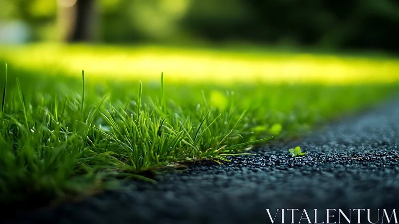 Grass blades lean into sunlight along a quiet asphalt edge.