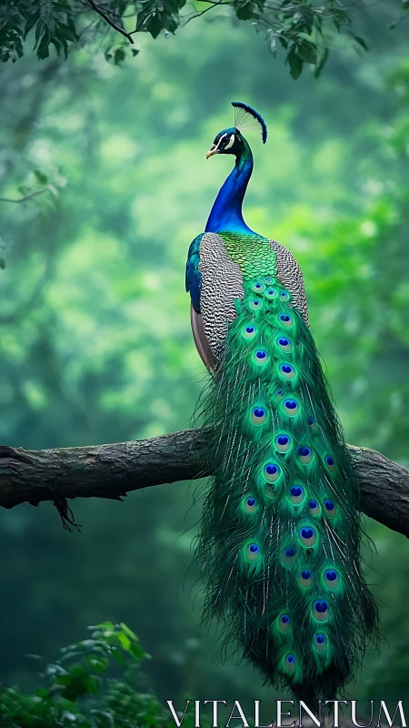 Isolated peacock on branch with high saturation plumage and smooth bokeh