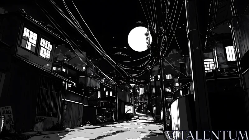 Quiet moonlit alleyway wrapped in gentle nighttime glow.